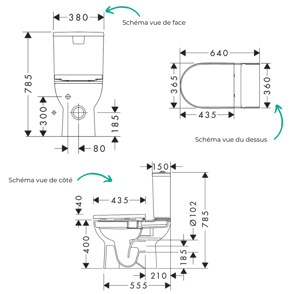 Schéma technique WC à poser sans bride sortie horizontale HANSGROHE GladeLake S avec abattant frein de chute