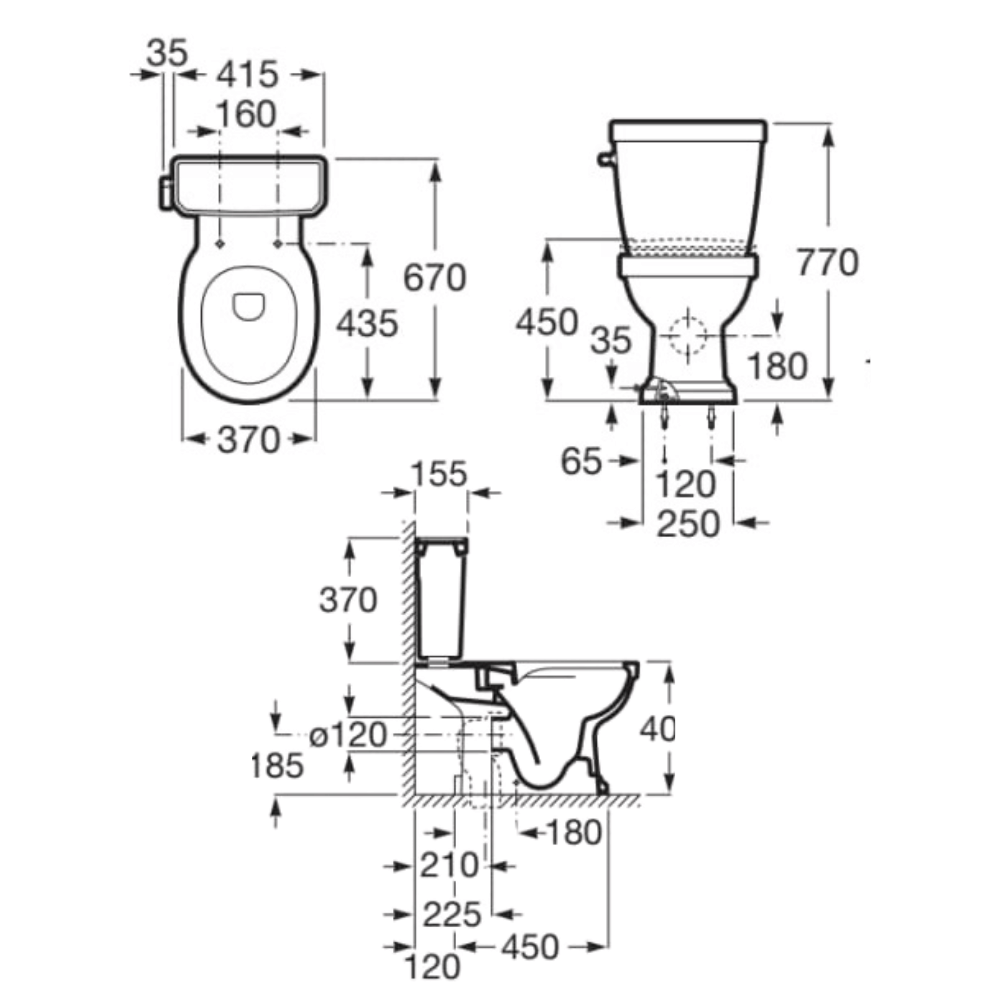 Dimensions de la cuvette WC à poser sans bride rétro sortie réversible ROCA Carmen avec abattant frein de chute