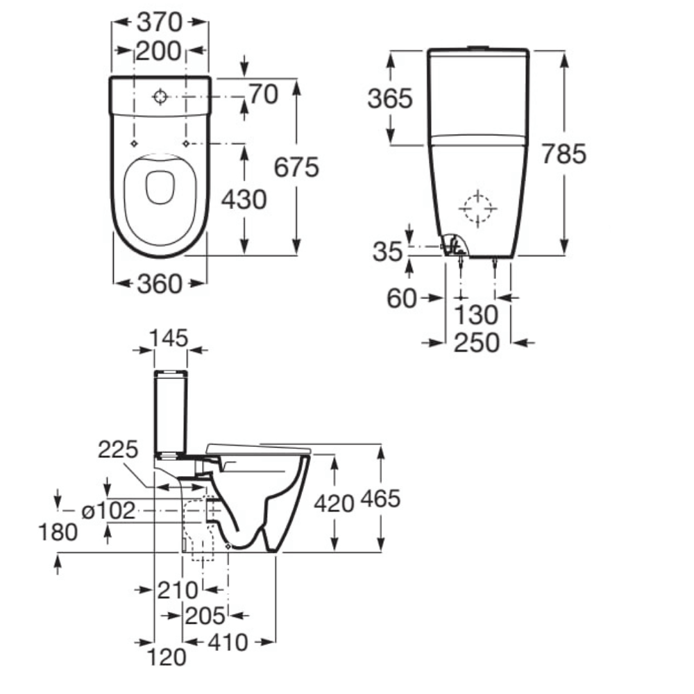 Dimensions de la cuvette WC à poser sans bride sortie réversible ROCA Ona avec abattant frein de chute