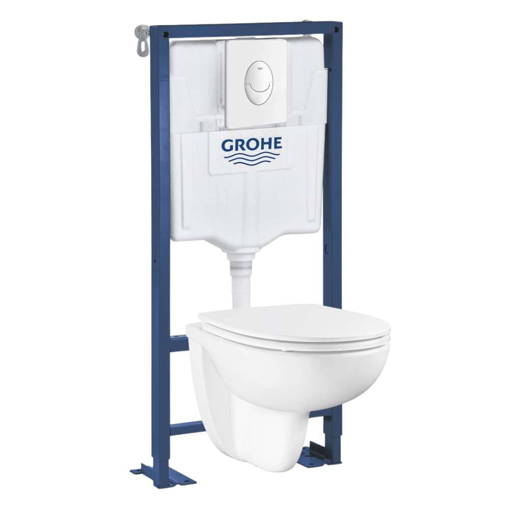 Pack WC suspendu sans bride GROHE Bau ceramic + Bâti support Solido + abattant + plaque ovale blanc alpin