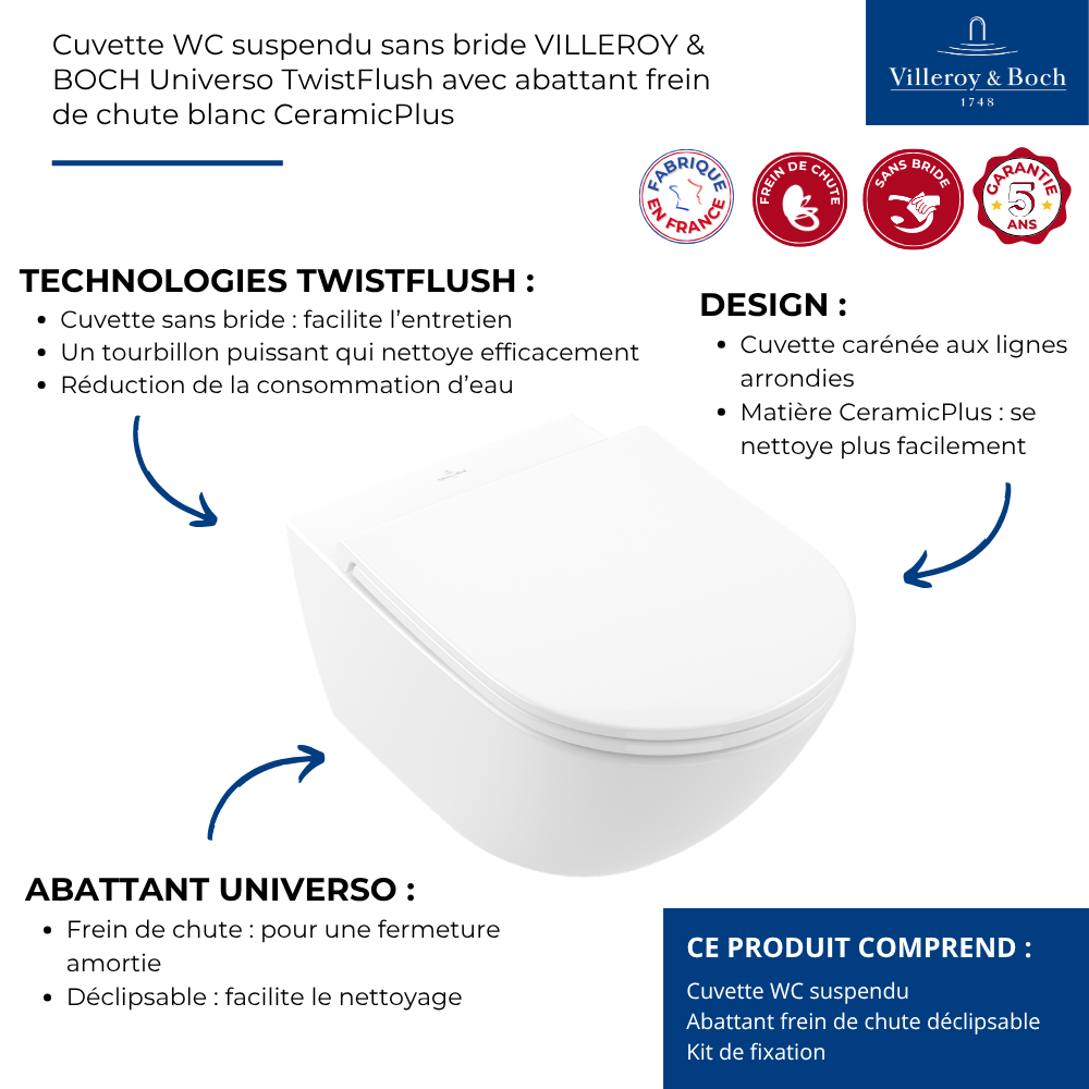 WC suspendu VILLEROY ET BOCH Universo avec abattant | Batinea