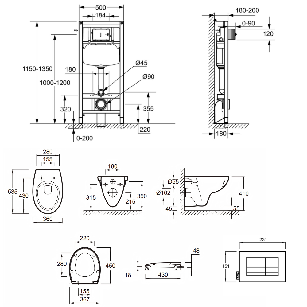 Pack cuvette WC suspendu sans bride JACOB DELAFON Patio avec abattant + bâti support + plaque