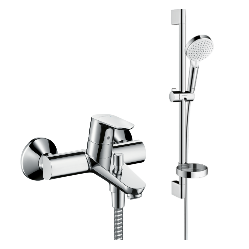 Pack mitigeur baignoire mécanique HANSGROHE Focus C2 chromé + Ensemble de douche Crometta 2 jets blanc/chromé