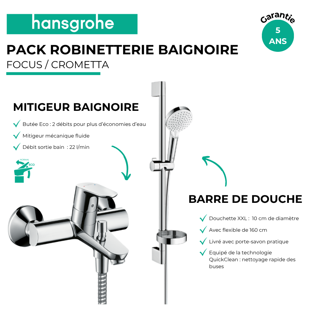 Avantages Pack mitigeur baignoire mécanique HANSGROHE Focus C2 chromé + Ensemble de douche Crometta 2 jets blanc/chromé