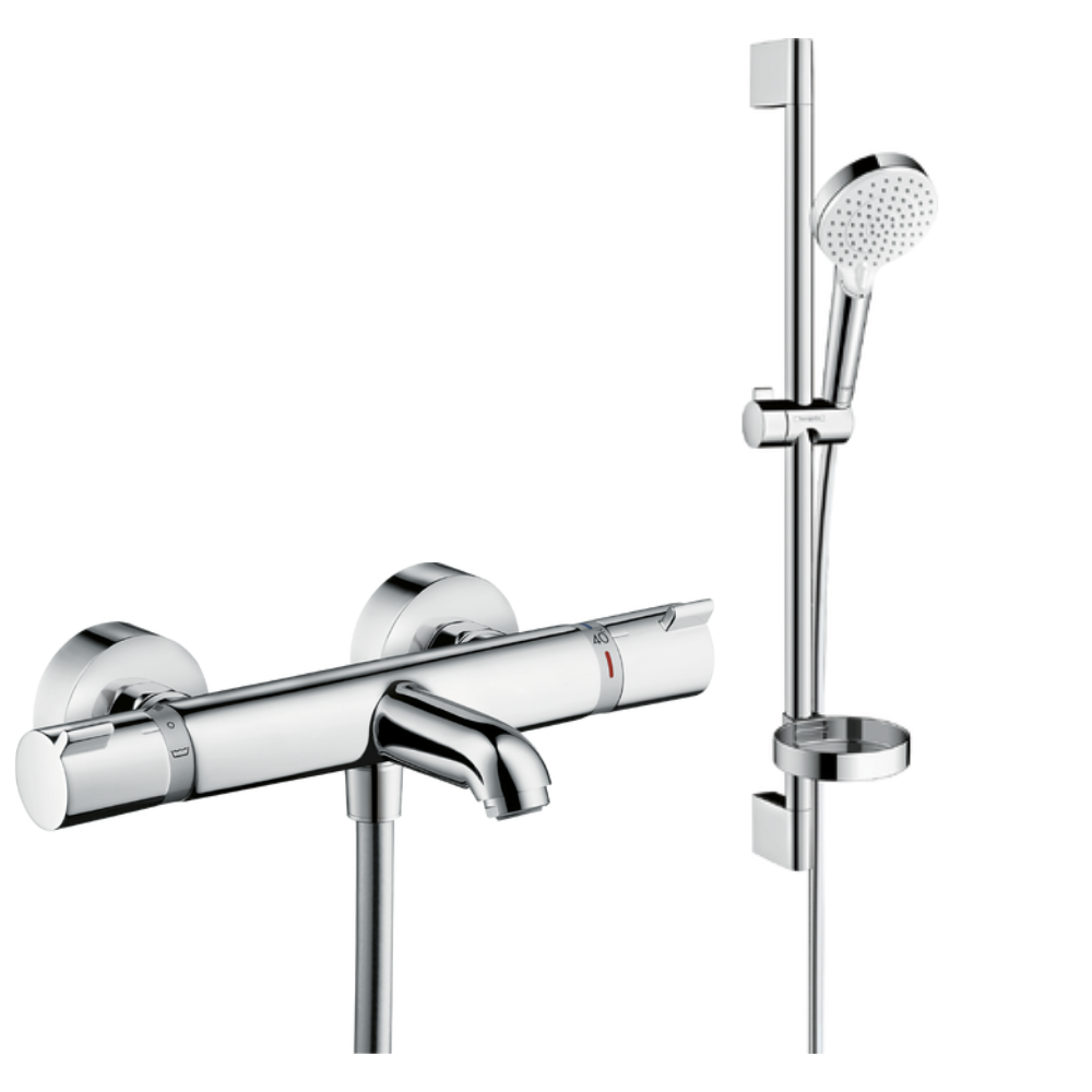 Pack mitigeur baignoire thermostatique HANSGROHE Ecostat Comfort chromé + Ensemble de douche Crometta 2 jets blanc/chromé