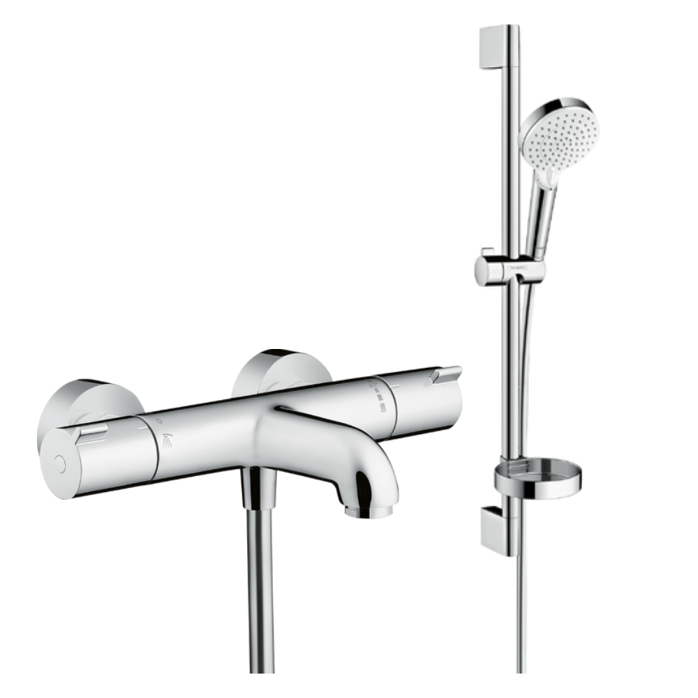 Pack mitigeur baignoire thermostatique HANSGROHE Ecostat 1001 CL chromé + Ensemble de douche Crometta 2 jets blanc/chromé