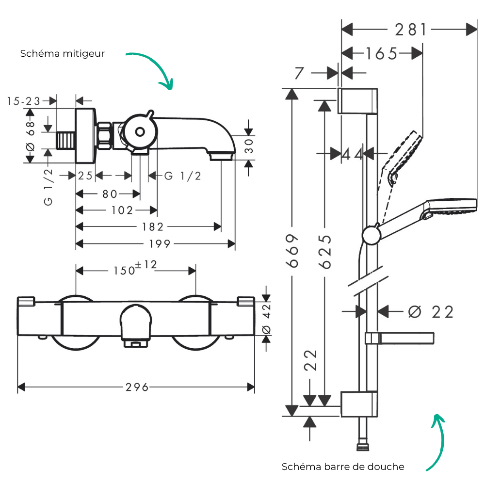 Schémas Pack mitigeur baignoire thermostatique HANSGROHE Ecostat 1001 CL chromé + Ensemble de douche Crometta 2 jets
