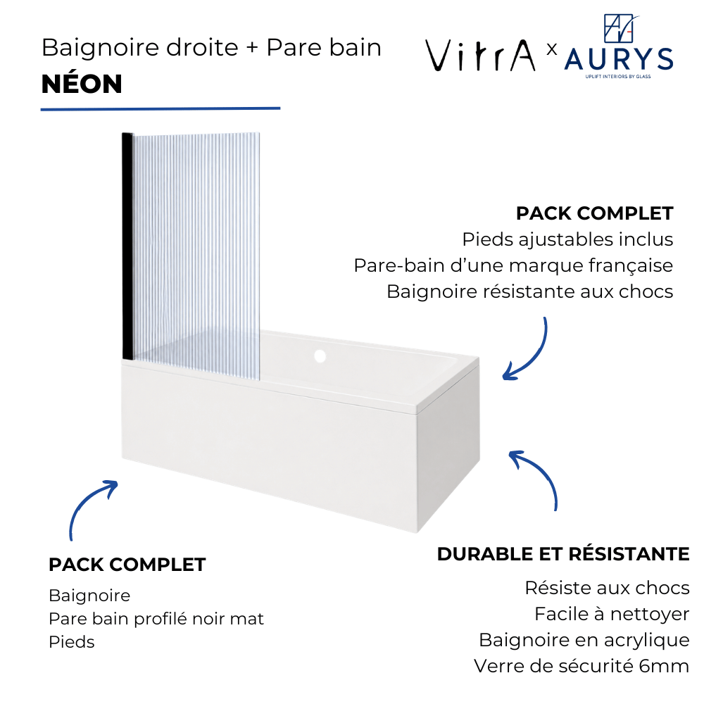Baignoire droite VitrA Neon + pare bain Aurys Raywall noir mat| Batinea