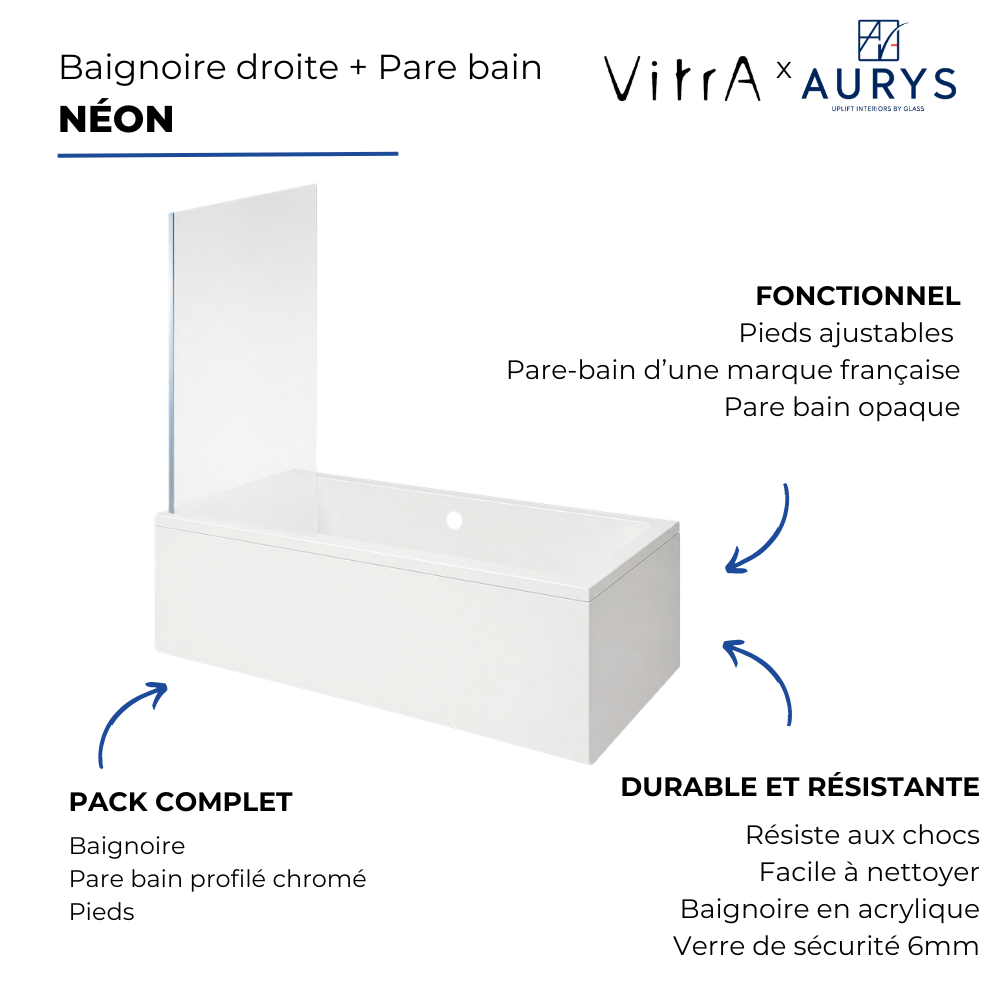 Baignoire droite VitrA Neon + pare bain Aurys Mist1| Batinea