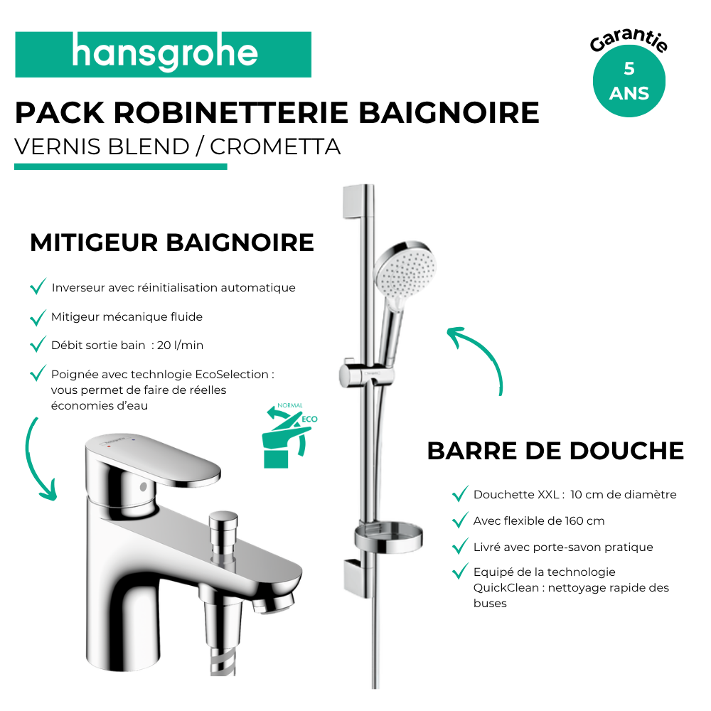 Avantages Pack mitigeur baignoire mécanique HANSGROHE Vernis Blend C2 chromé + Ensemble de douche Crometta 2 jets blanc/chromé