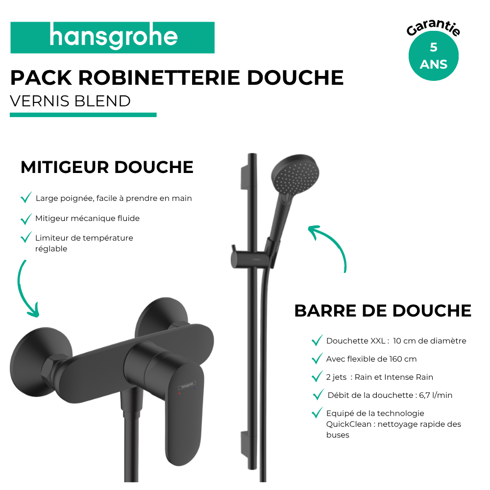 Avantages Pack mitigeur douche mécanique HANSGROHE Vernis Blend + Ensemble pommeau Vernis Blend EcoSmart 2 jets