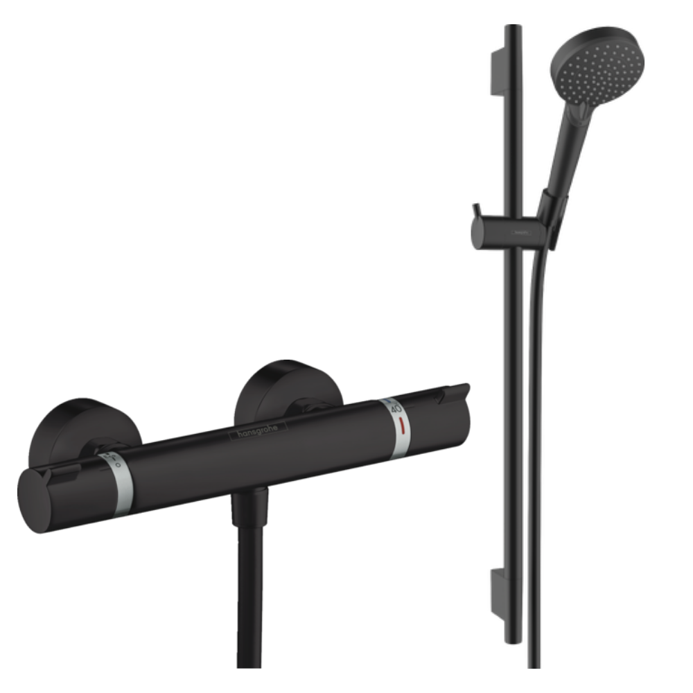 Pack mitigeur douche thermostatique HANSGROHE Ecostat Comfort + Ensemble pommeau Vernis Blend EcoSmart 2 jets noir mat