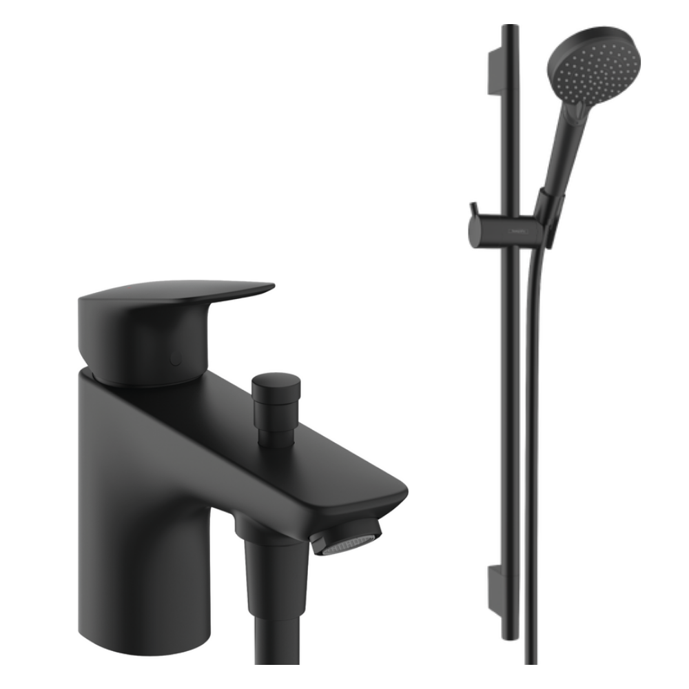 Pack mitigeur baignoire mécanique HANSGROHE Logis C2 + Ensemble pommeau Vernis Blend EcoSmart 2 jets avec barre noir mat