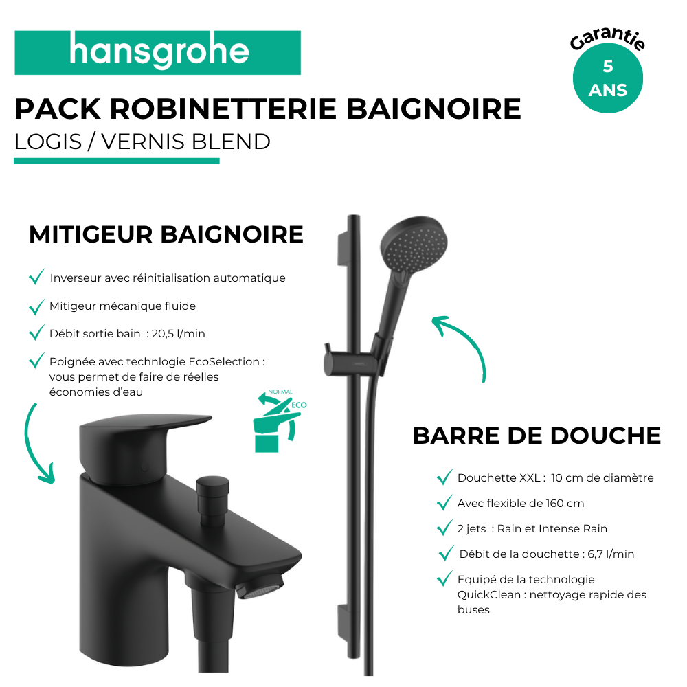 Avantages Pack mitigeur baignoire mécanique HANSGROHE Logis C2 + Ensemble pommeau Vernis Blend EcoSmart 2 jets