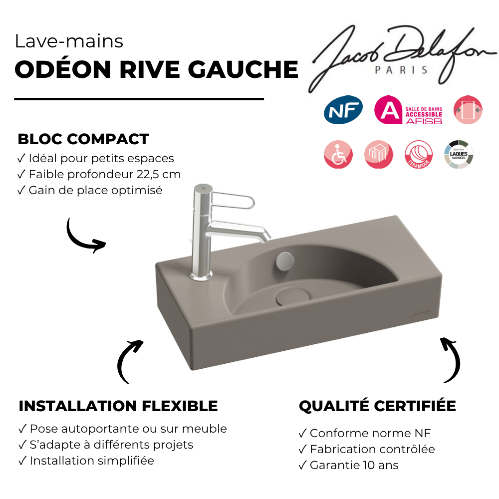 Lave-mains compact 50 cm JACOB DELAFON Odéon Rive Gauche 1 trou de robinetterie