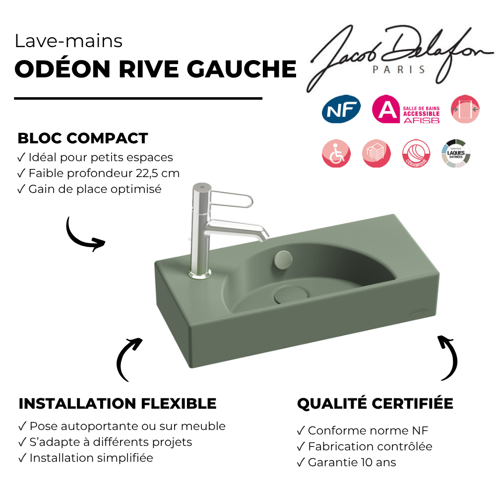 Lave-mains compact 50 cm JACOB DELAFON Odéon Rive Gauche 1 trou de robinetterie