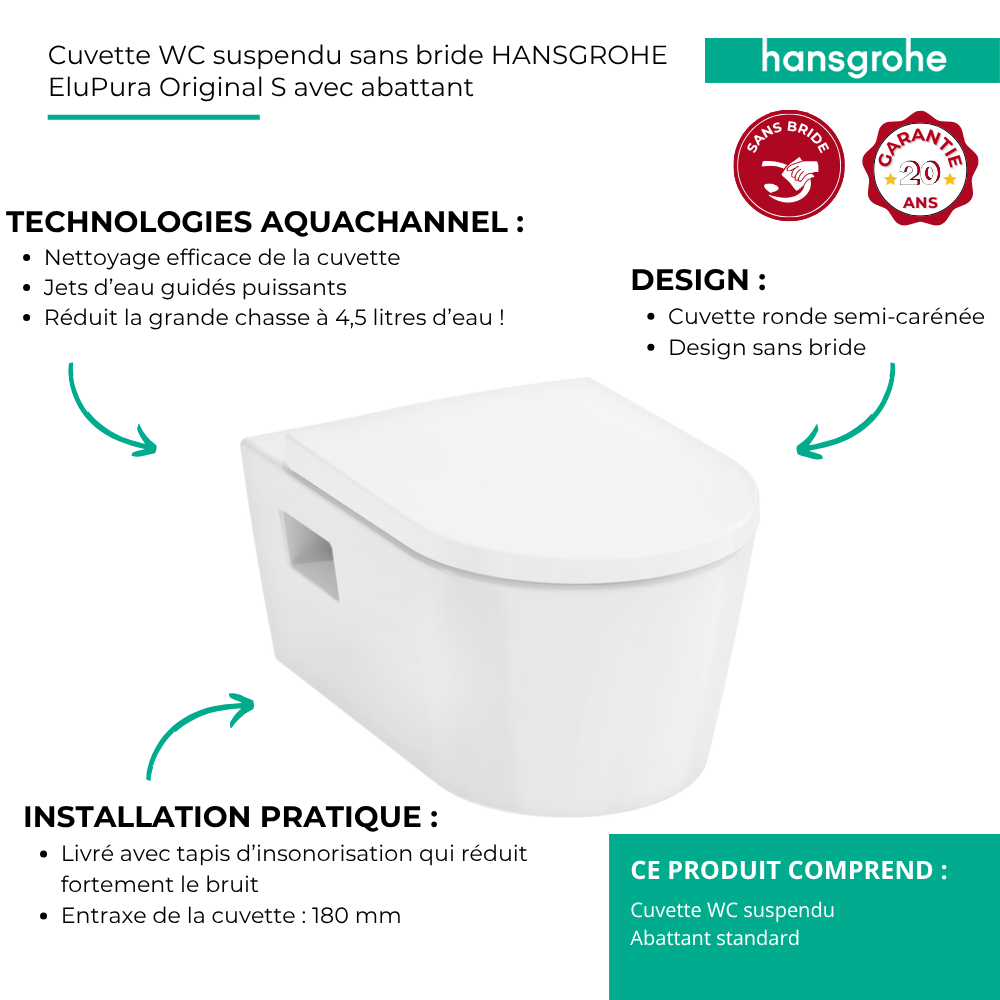 Avantages Cuvette WC suspendu sans bride HANSGROHE EluPura Original S avec abattant