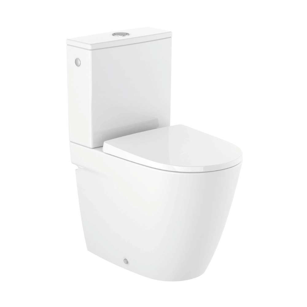 WC à poser compact sans bride sortie réversible ROCA Ona blanc brillant avec abattant frein de chute