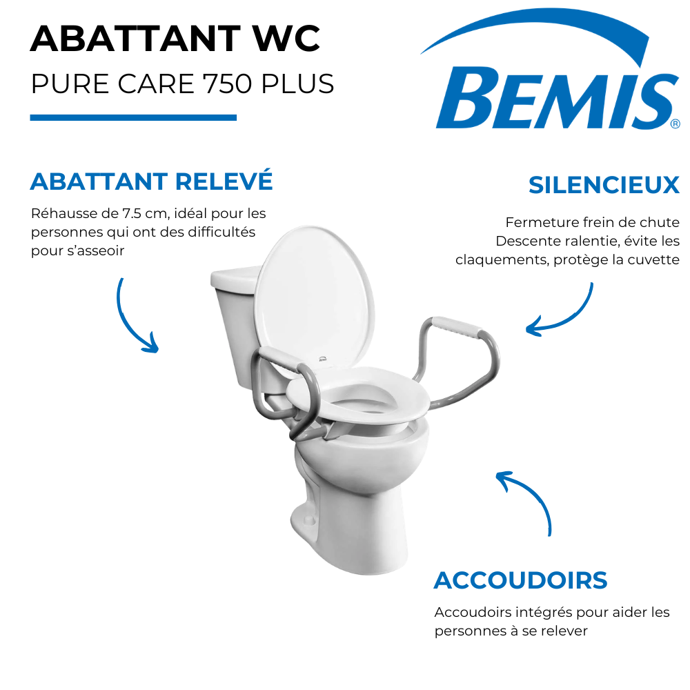 Abattant WC BEMIS Pure Care Plus 750 réhaussé avec accoudoirs et frein chute blanc | Batinea