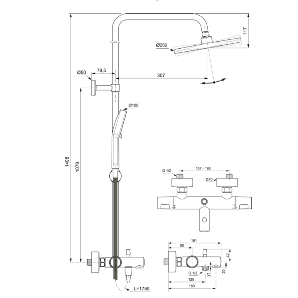 Les points de la colonne bain douche thermostatique IDEAL STANDARD Ceratherm T25 chromé