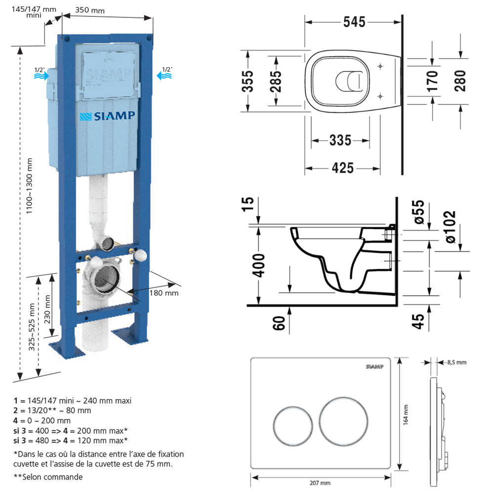 Pack WC suspendu DURAVIT D-code avec abattant + bati support SIAMP + Plaque de commande