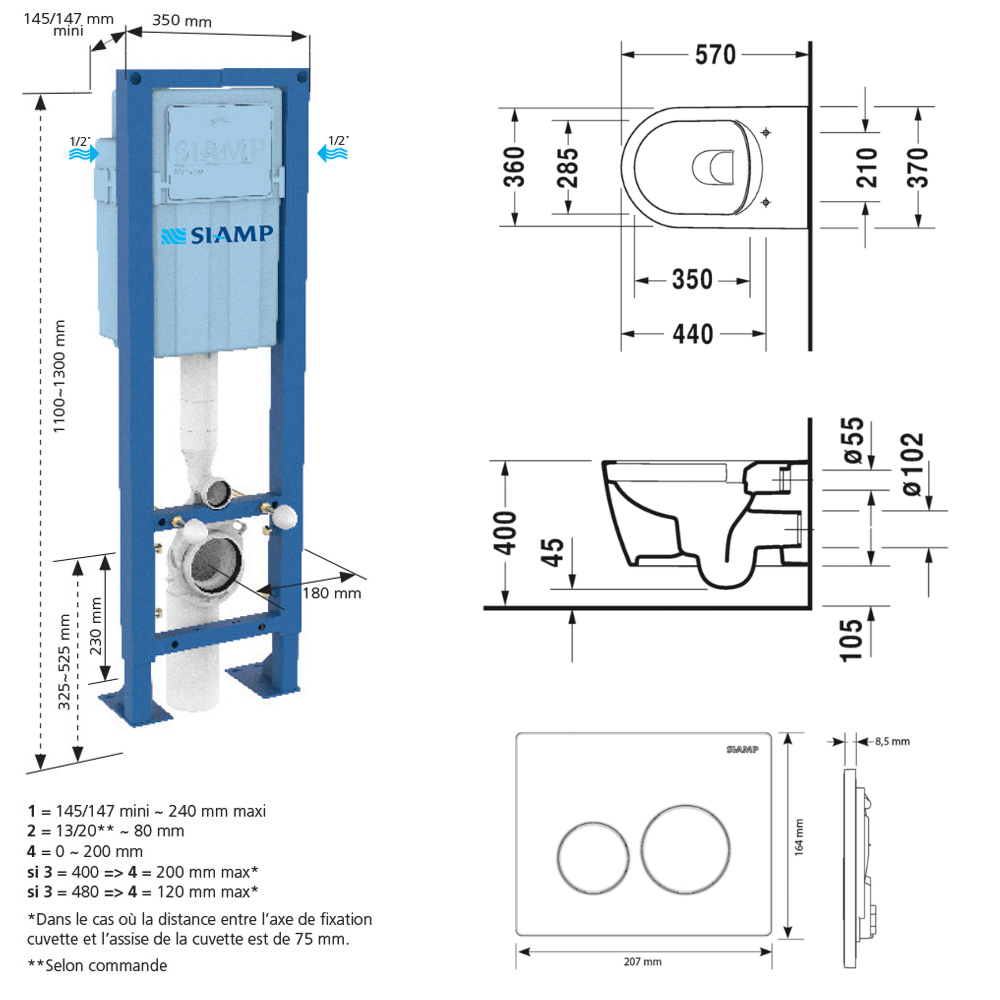Pack WC suspendu sans bride DURAVIT Me by Starck + bâti support SIAMP + plaque