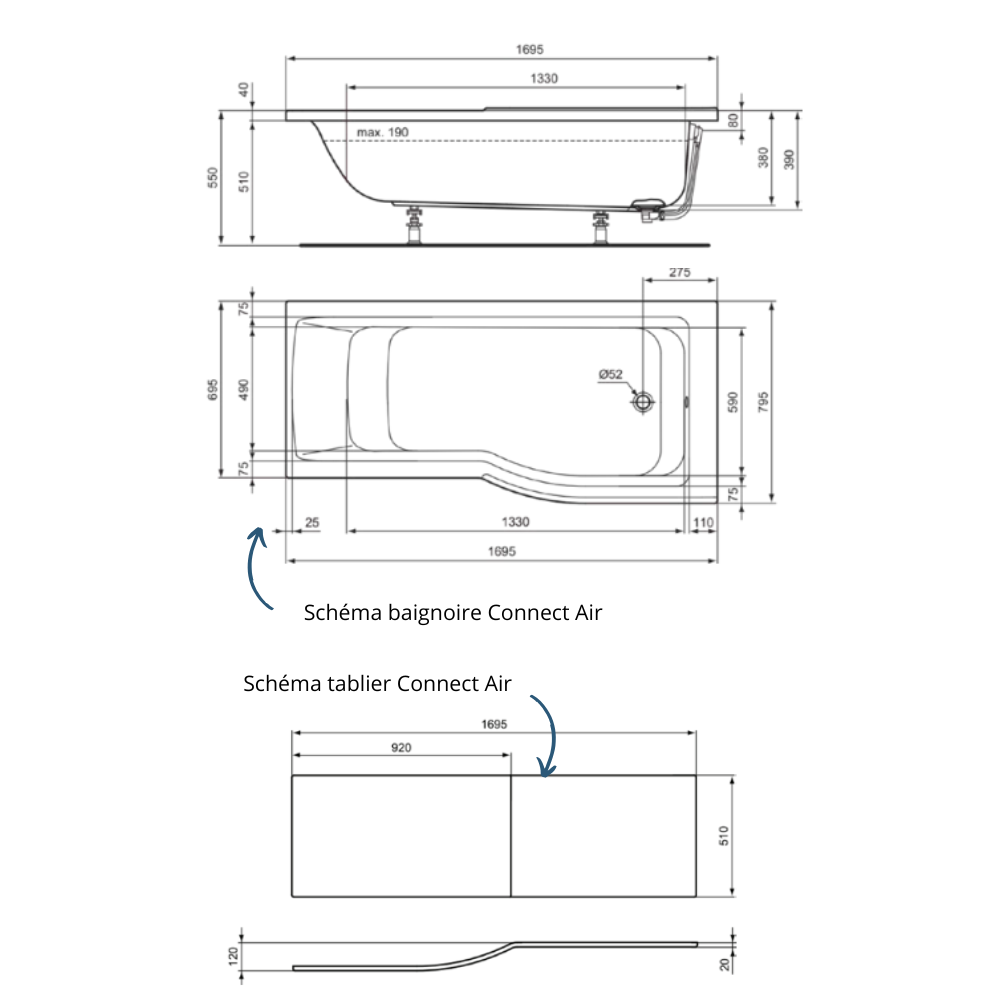 Baignoire bain douche IDEAL STANDARD Connect Air  + tablier + Vidage Wirquin | Batinea