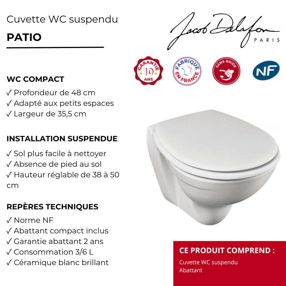 WC suspendu compact JACOB DELAFON Patio point fort