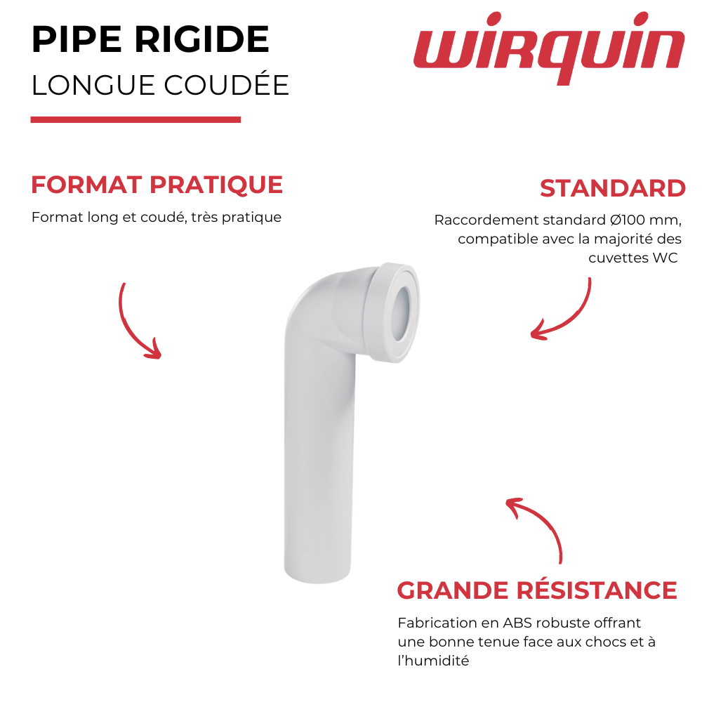 Pipe WC rigide WIRQUIN ABS longue coudée mâle D100 blanc présentation