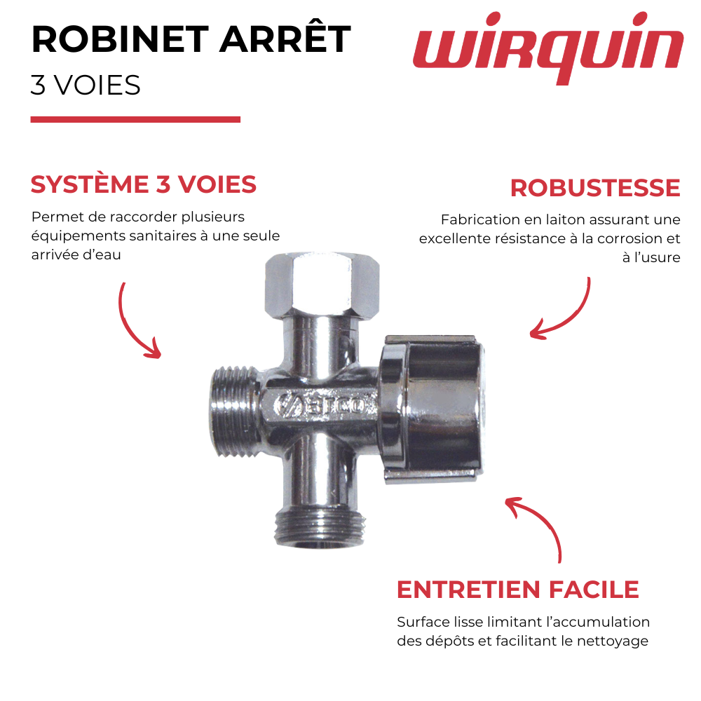 Robinet d'arrêt WC WIRQUIN droit 3 voies laiton présentation