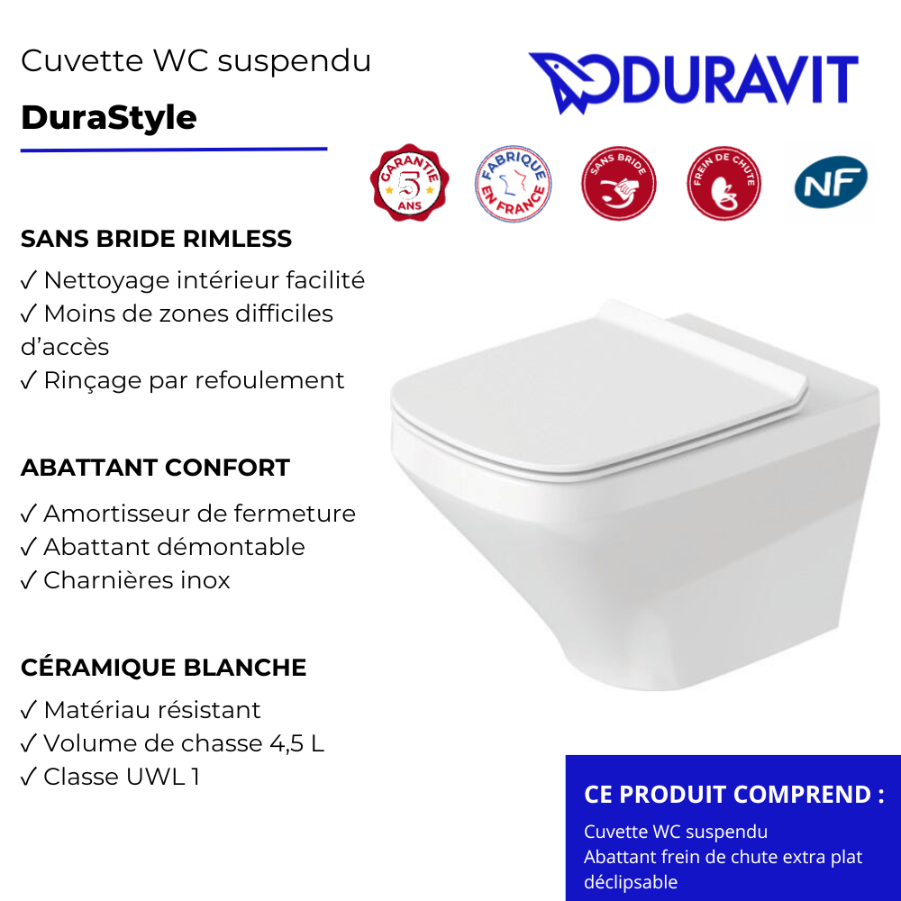 Cuvette WC suspendu sans bride DURAVIT DuraStyle avec abattant frein de chute déclipsable