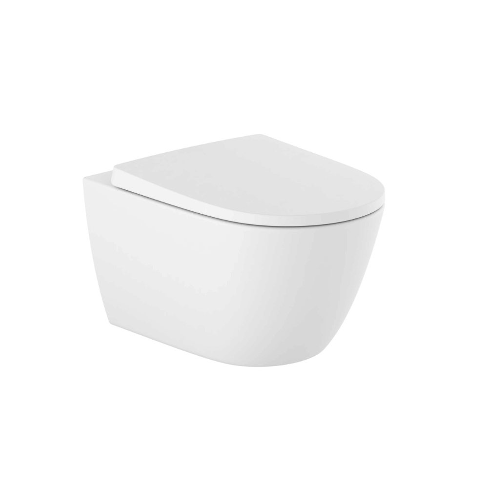Cuvette WC suspendu sans bride ROCA Ona blanc mat ou brillant avec abattant frein de chute | Batinea