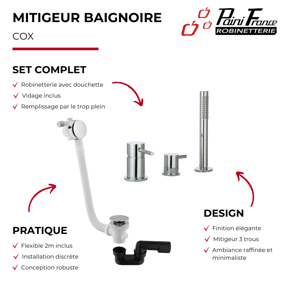 Ensemble bain Paini Cox chromé avec vidage chromé présentation