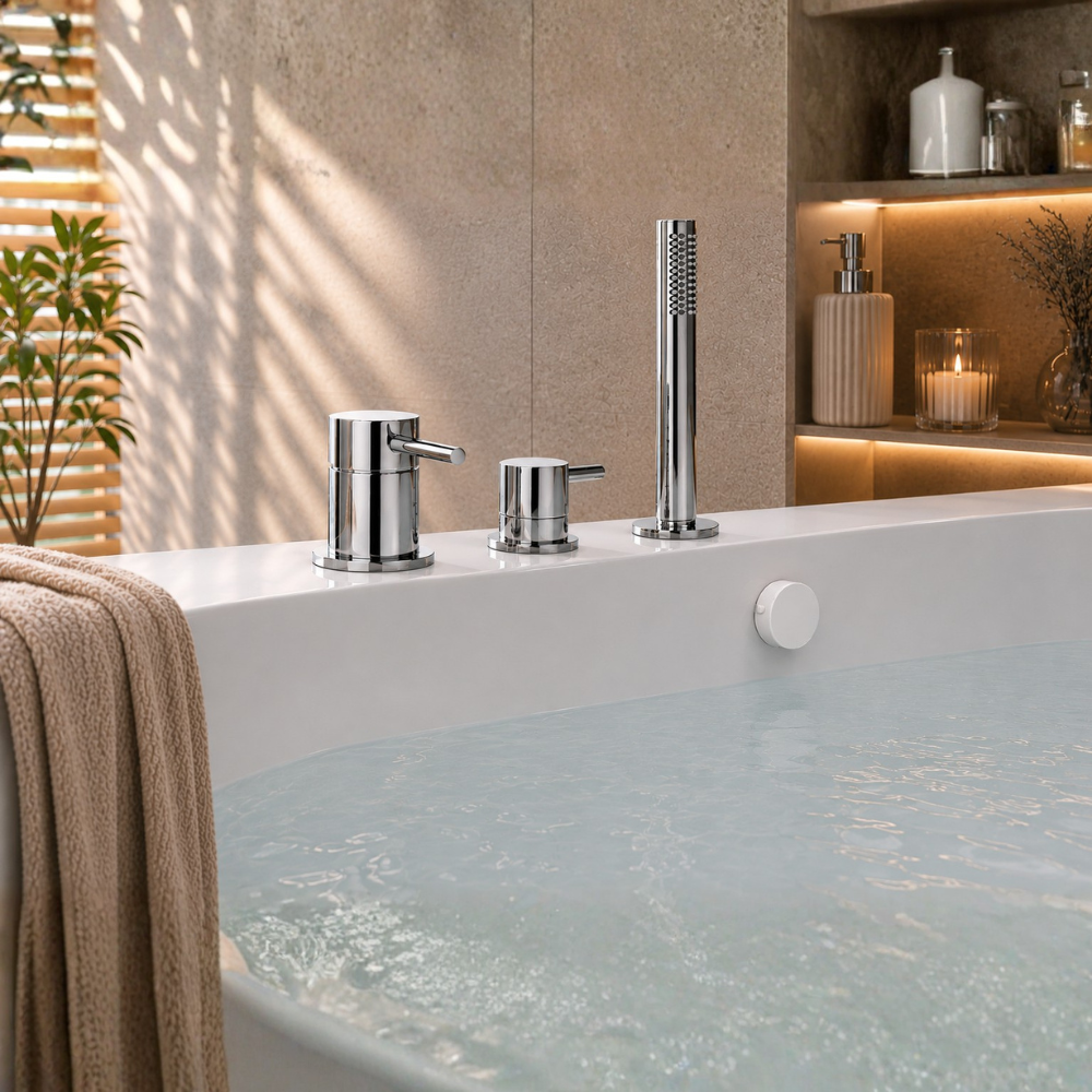 Ensemble bain Paini Cox chromé avec vidage blanc mat ambiance