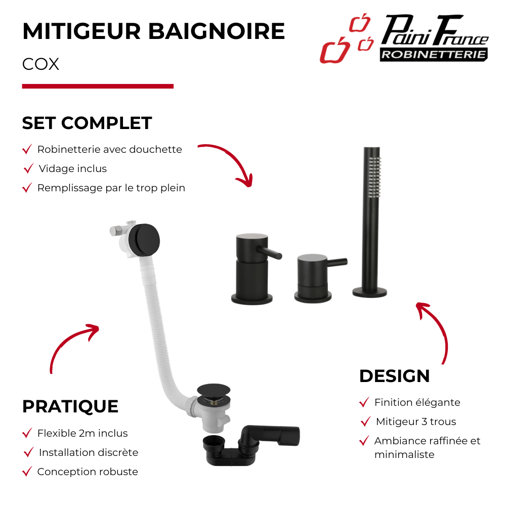 Mitigeur bain douche mécanique sur table PAINI Cox + Vidage remplissage trop plein et bonde clic-clac siphon 90cm PAINI | Batine