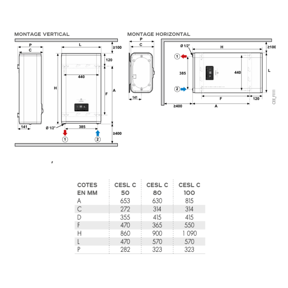 Chauffe-eau électrique extra plat DE DIETRICH CESL C 50L schéma