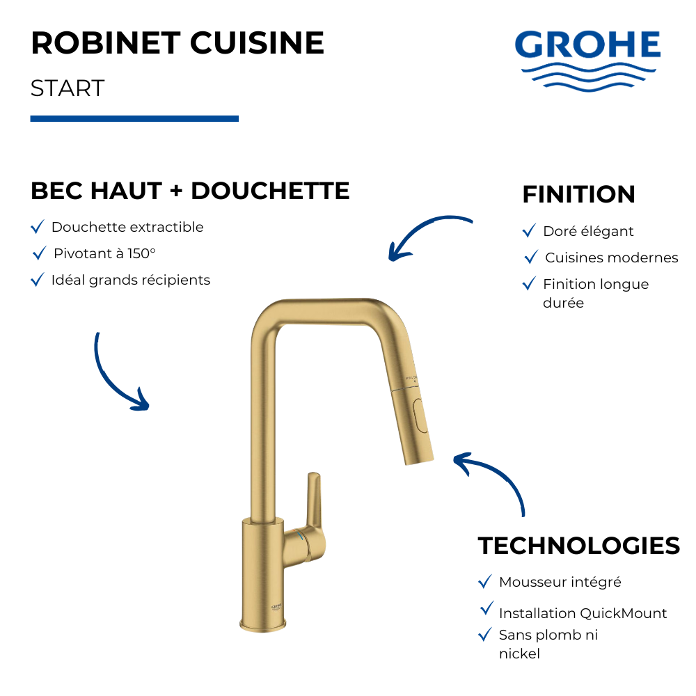 Robinet cuisine bec haut avec douchette GROHE Start Cool Sunrise présentation