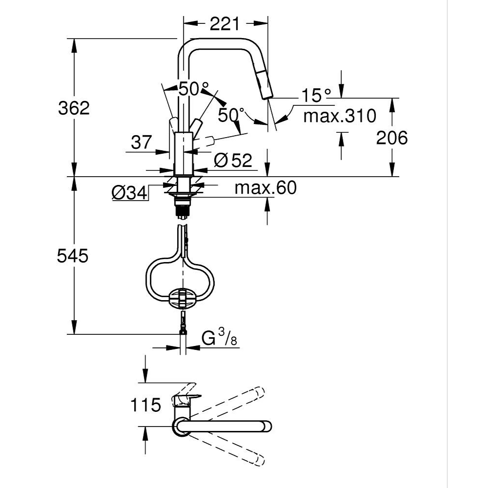 Robinet cuisine bec haut avec douchette GROHE Start Cool Sunrise schéma