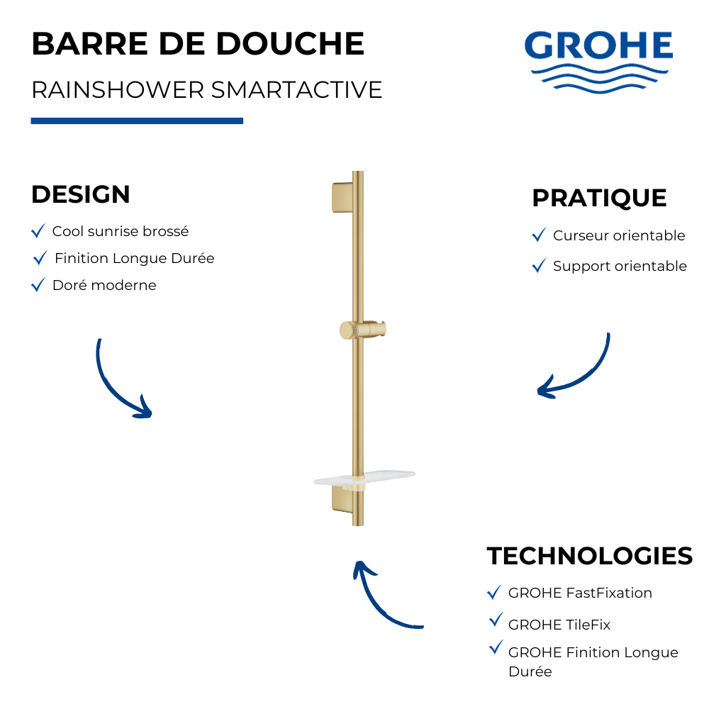Barre de douche avec tablette GROHE Rainshower SmartActive Cool Sunrise présentation