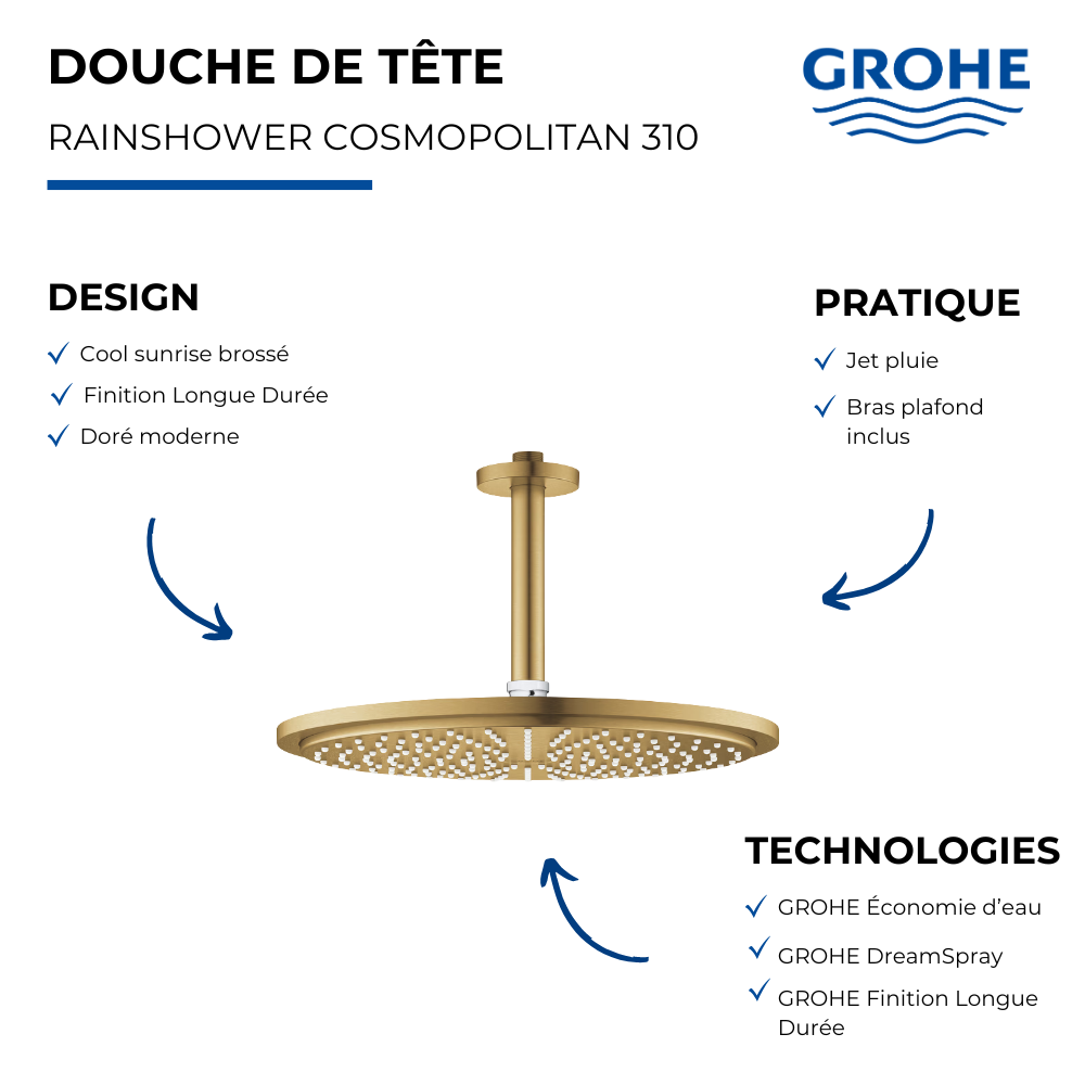 Douche de tête 1 jet bras plafond GROHE Rainshower Cosmopolitan 310 Cool Sunrise présentation