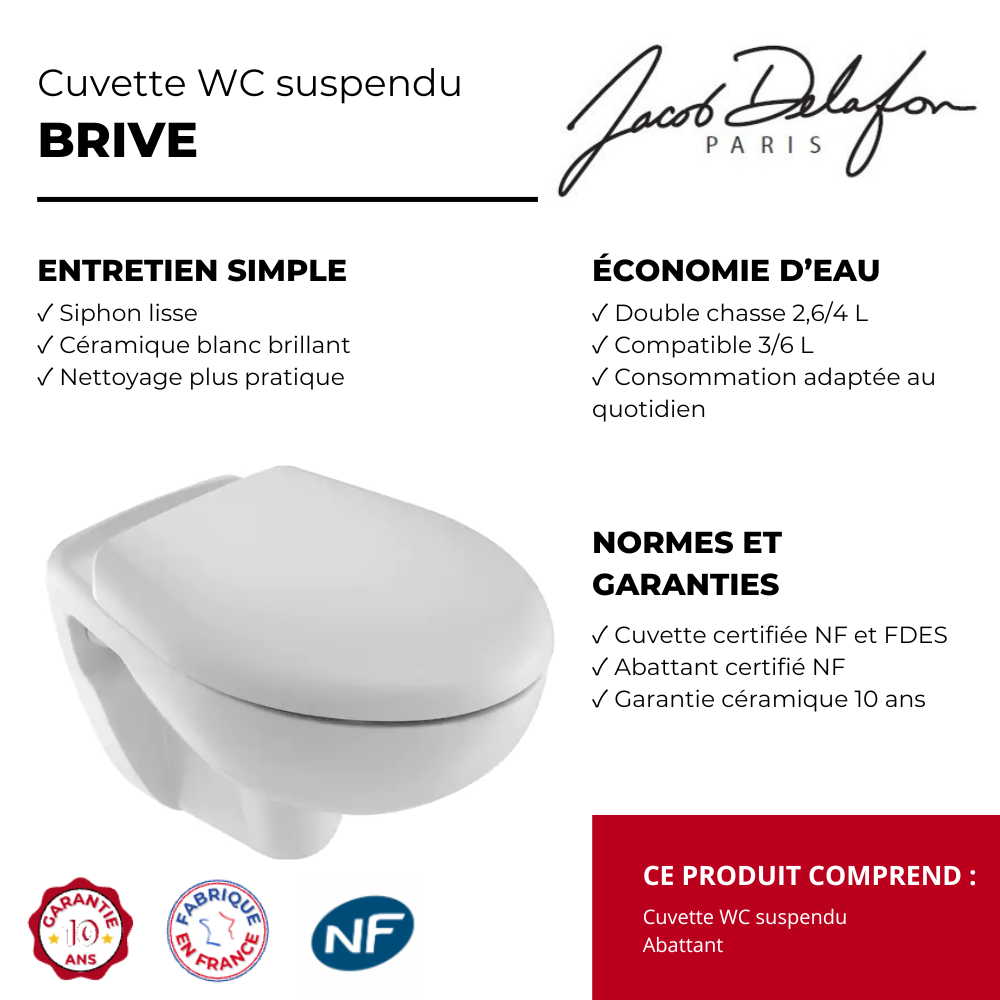 Cuvette WC suspendu JACOB DELAFON Brive avec abattant