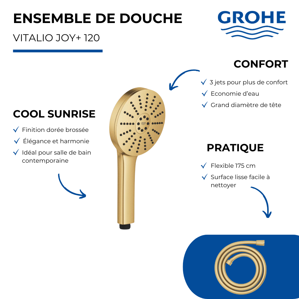 Douchette GROHE Vitalio Joy+ 120 + Flexible 175 cm Cool Sunrise présentation