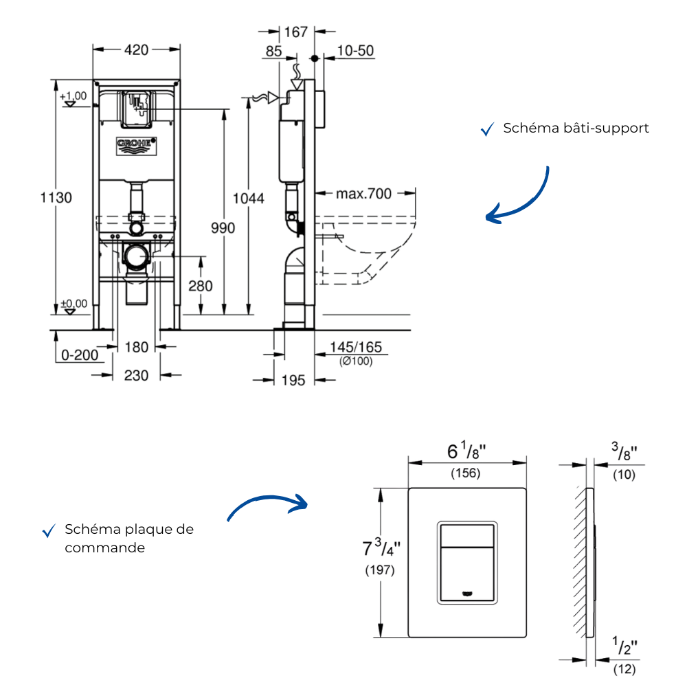 Bâti-support largeur réduite GROHE Rapid SL + Plaque commande GROHE Skate Cosmopolitan Cool Sunrise schéma