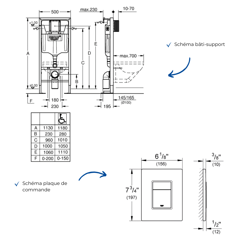 Bâti-support autoportant GROHE Solido  + Plaque commande GROHE Skate Cosmopolitan Cool Sunrise schéma