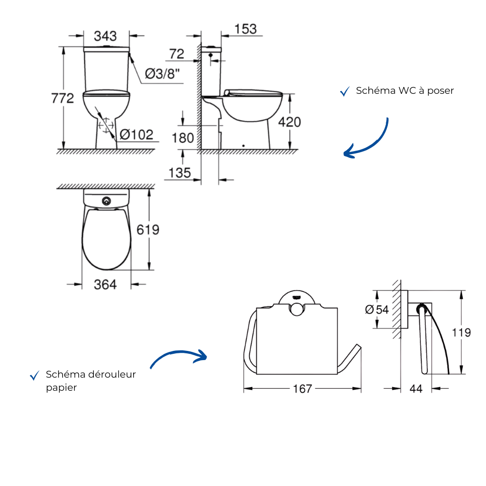 Pack WC à poser sans bride GROHE Quickfix abattant déclipsable + Dérouleur de papier mural Cool Sunrise schéma
