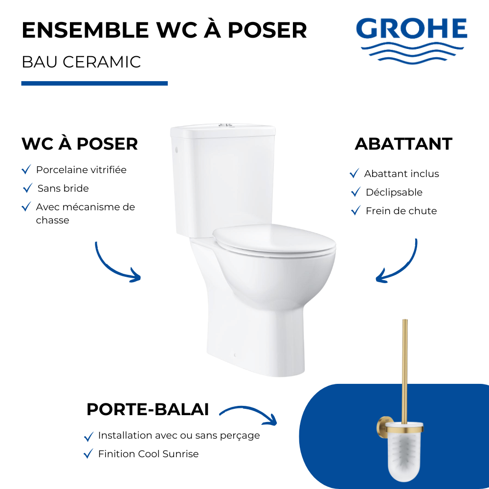 Pack WC à poser sans bride GROHE abattant frein de chute déclipsable + Porte-balai WC Cool Sunrise présentation