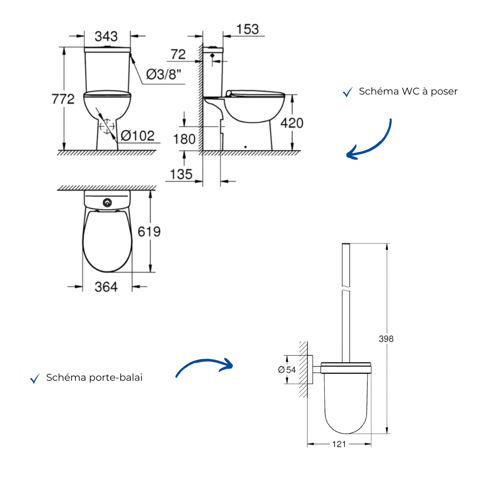 Pack WC à poser sans bride GROHE abattant frein de chute déclipsable + Porte-balai WC Cool Sunrise schéma