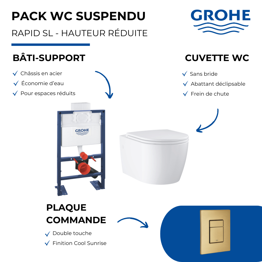 Pack WC suspendu GROHE sans bride caréné + Abattant Start + Bâti-support hauteur réduite + Plaque commande Cool Sunrise | Batine