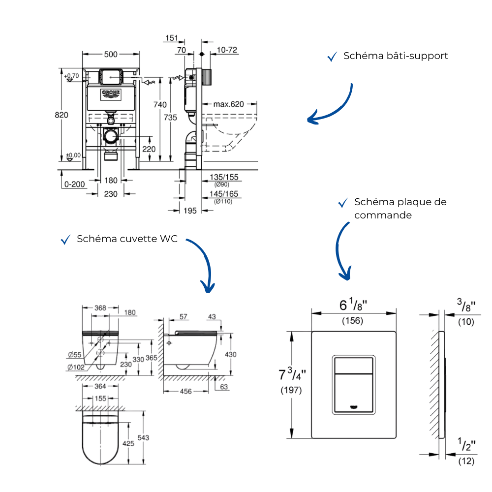 Pack WC suspendu GROHE sans bride caréné + Abattant Start + Bâti-support hauteur réduite + Plaque commande Cool Sunrise | Batine