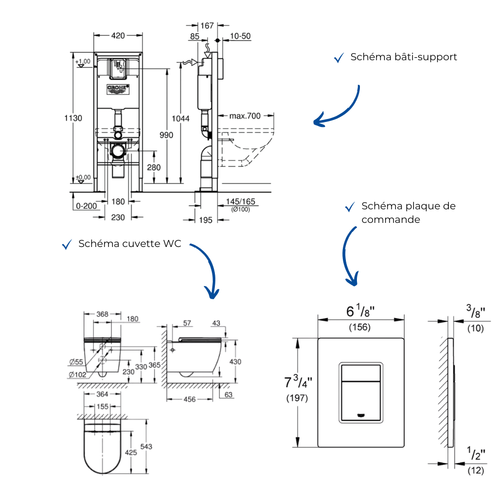 Pack bâti-support GROHE Rapid SL largeur réduite + WC suspendu sans bride caréné abattant Start schéma